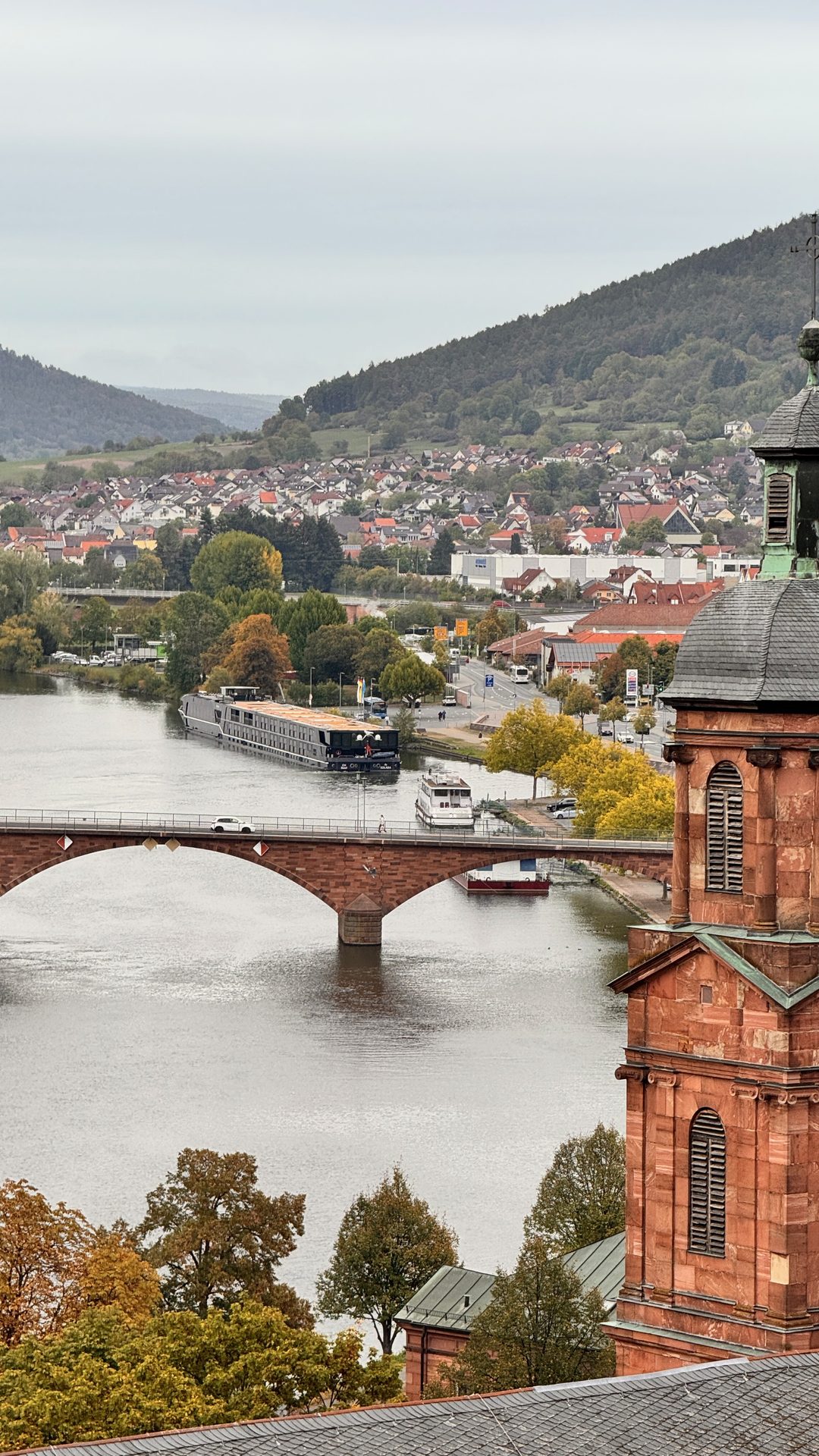 View of the Main River, bridge, and church towers of Miltenberg, Germany, from Mildenburg Castle on an APT Rhine and Main river cruise