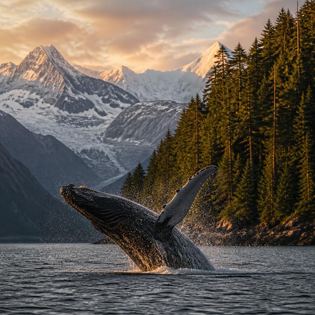 Humpback whale breaching in Alaska Inside Passage fjord with snow-capped mountains
