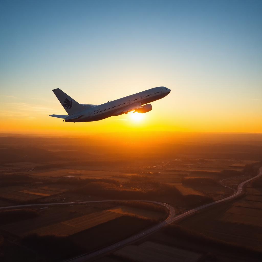 Commercial jet departing at sunset over Pennsylvania farmland