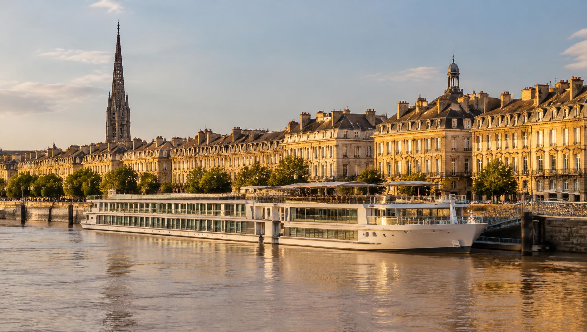 River cruise ship docked along the Garonne River in Bordeaux, France, the starting point for a roundtrip Bordeaux river cruise reviewed by travel advisor Annie Schlegel