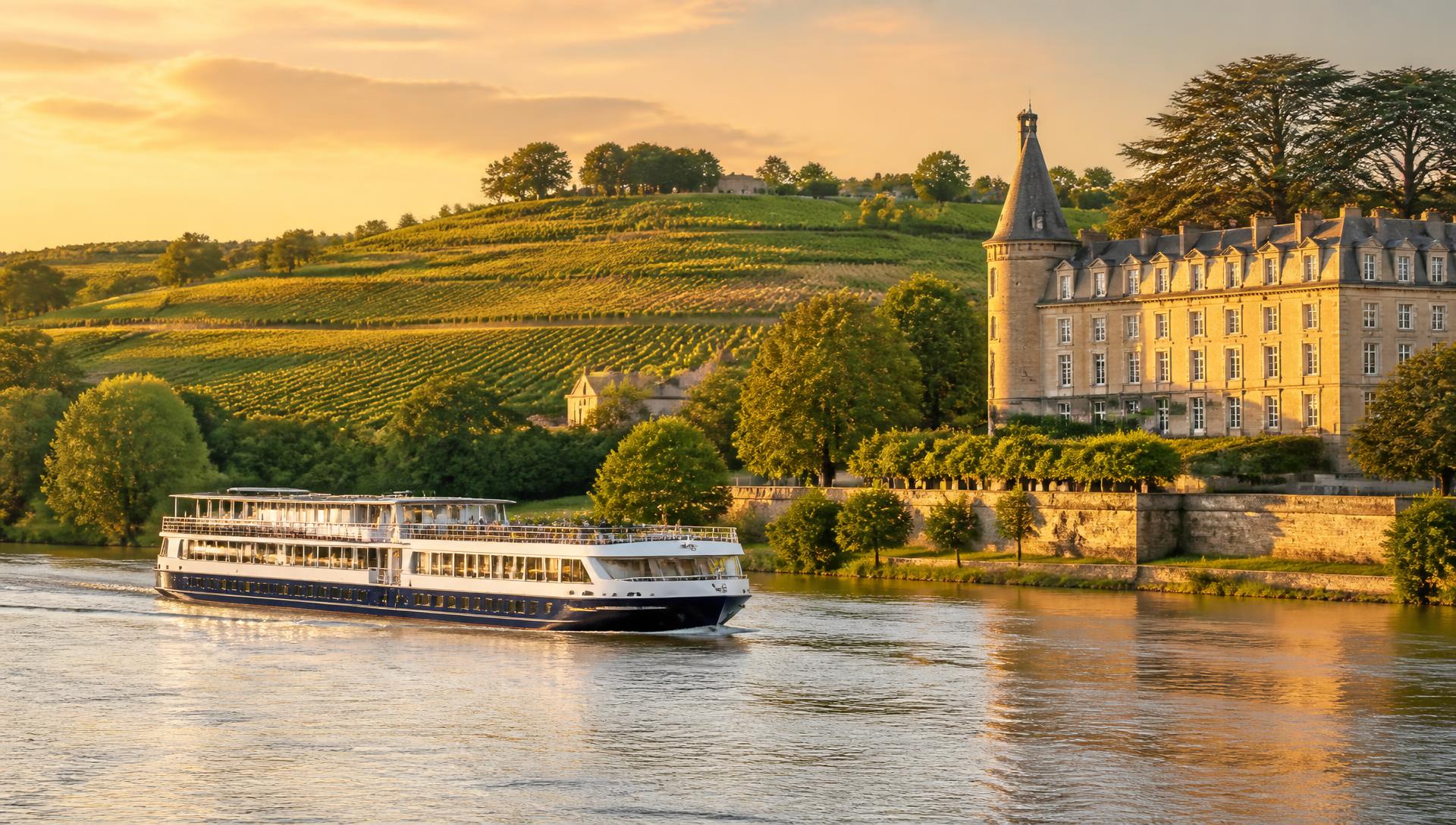 River cruise ship sailing past vineyards and a stone château in the Bordeaux wine region of France - Suite Impressions Travel
