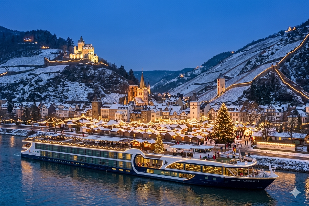 River cruise ship sailing the Danube River past a European Christmas market town at dusk - Suite Impressions Travel
