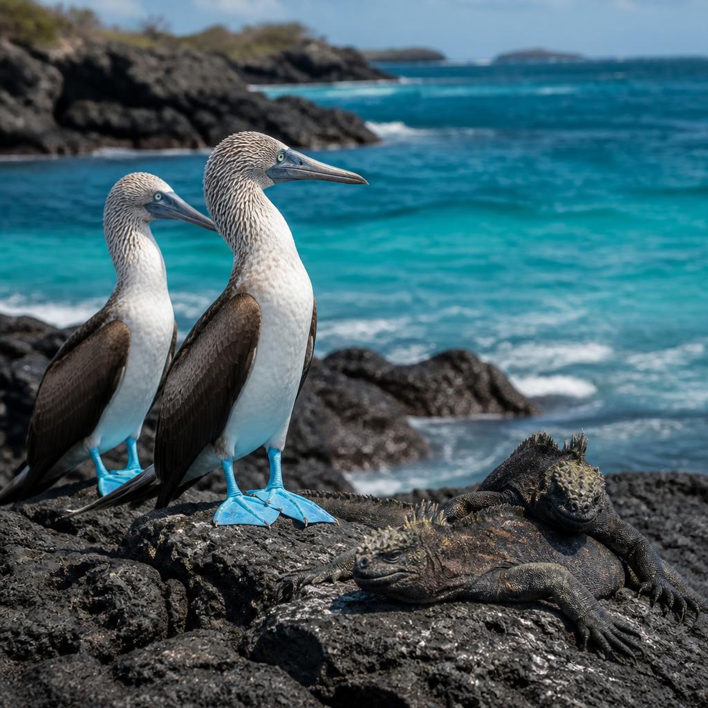 Blue-footed boobies and marine iguanas on volcanic rock in the Galápagos Islands