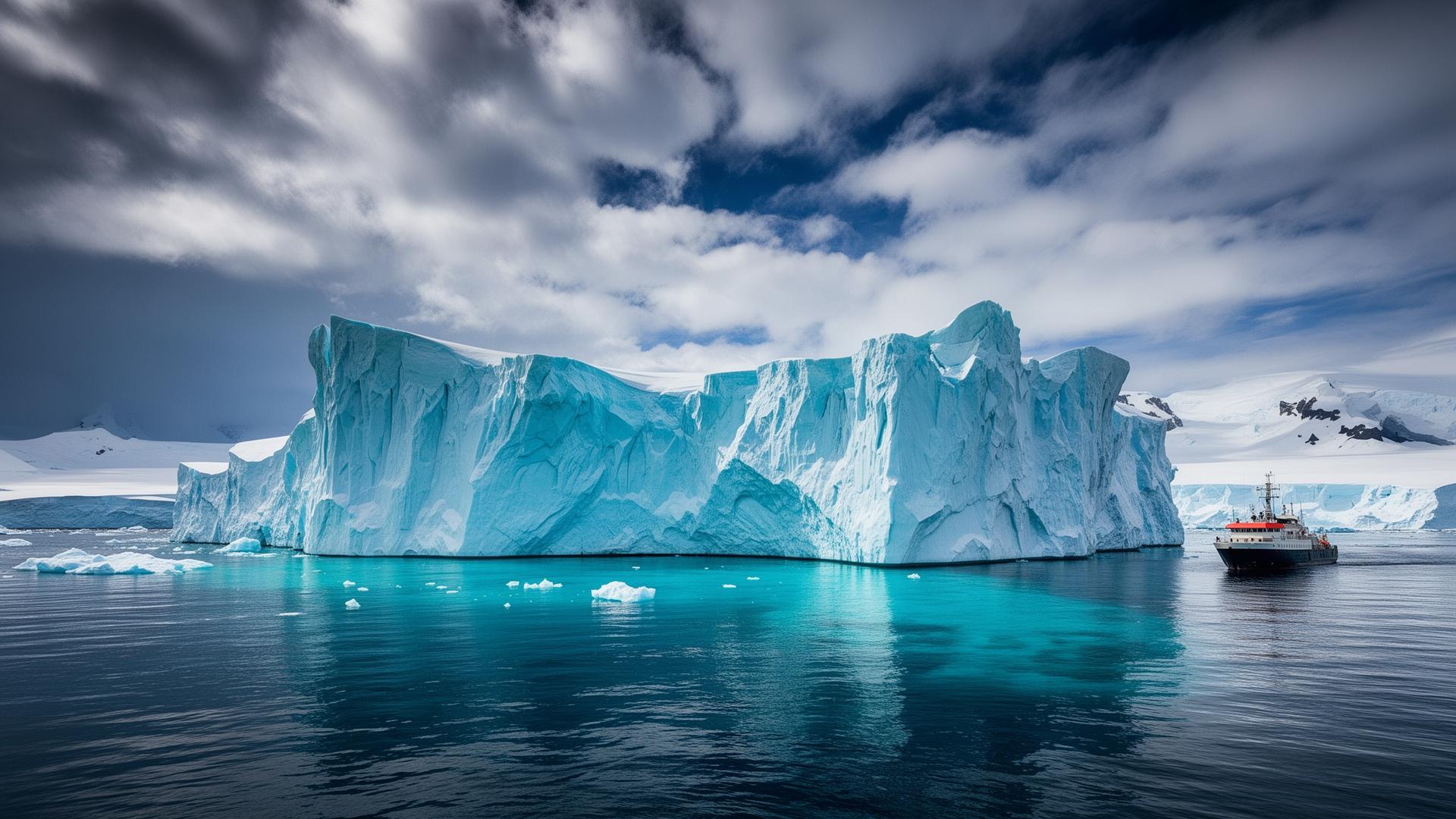 Expedition ship navigating through icebergs and glaciers in Antarctica