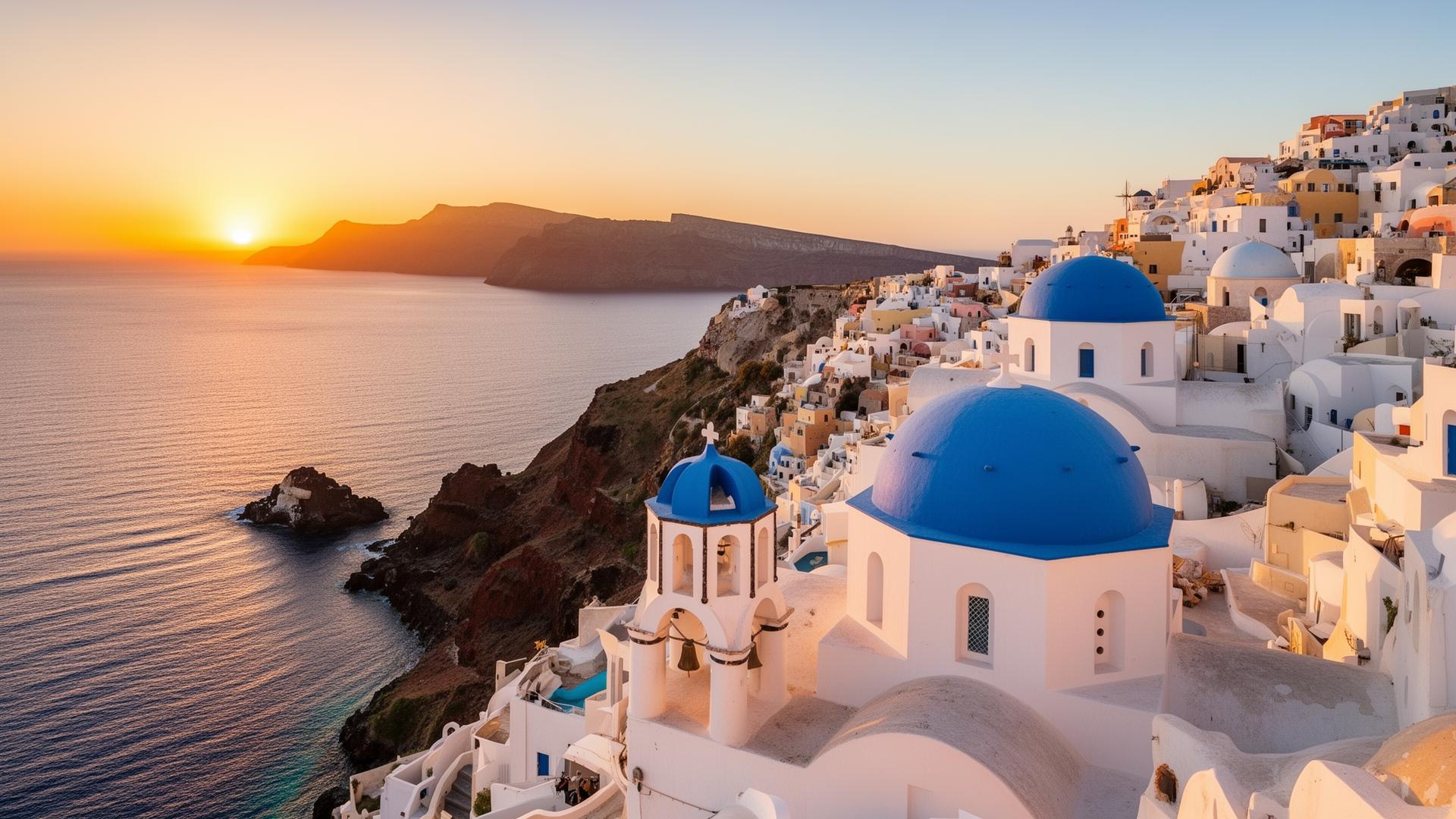 Scenic European coastal village with blue domed churches overlooking the Mediterranean