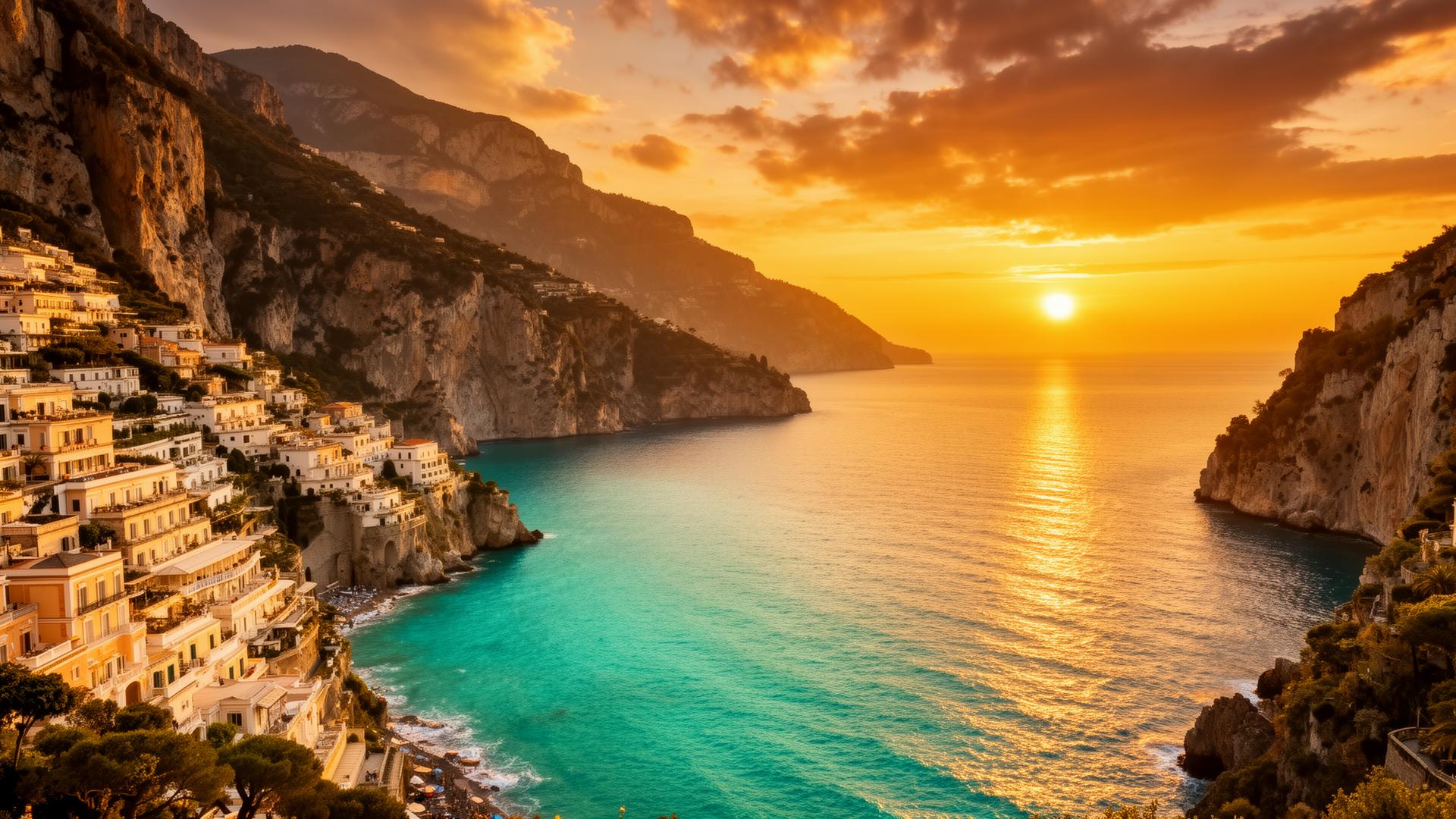 European coastline with a river cruise ship sailing at sunset