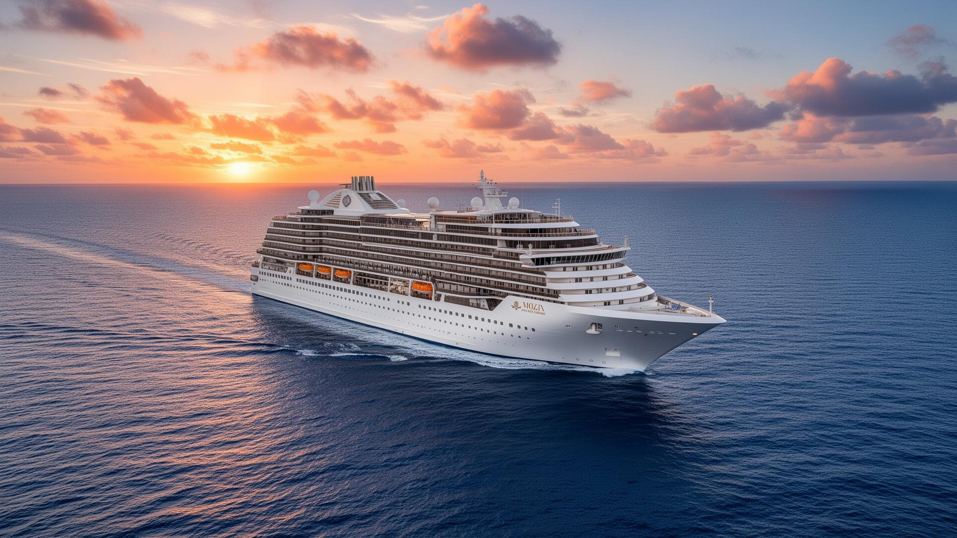 Ocean cruise ship at sunset sailing in the Caribbean Sea