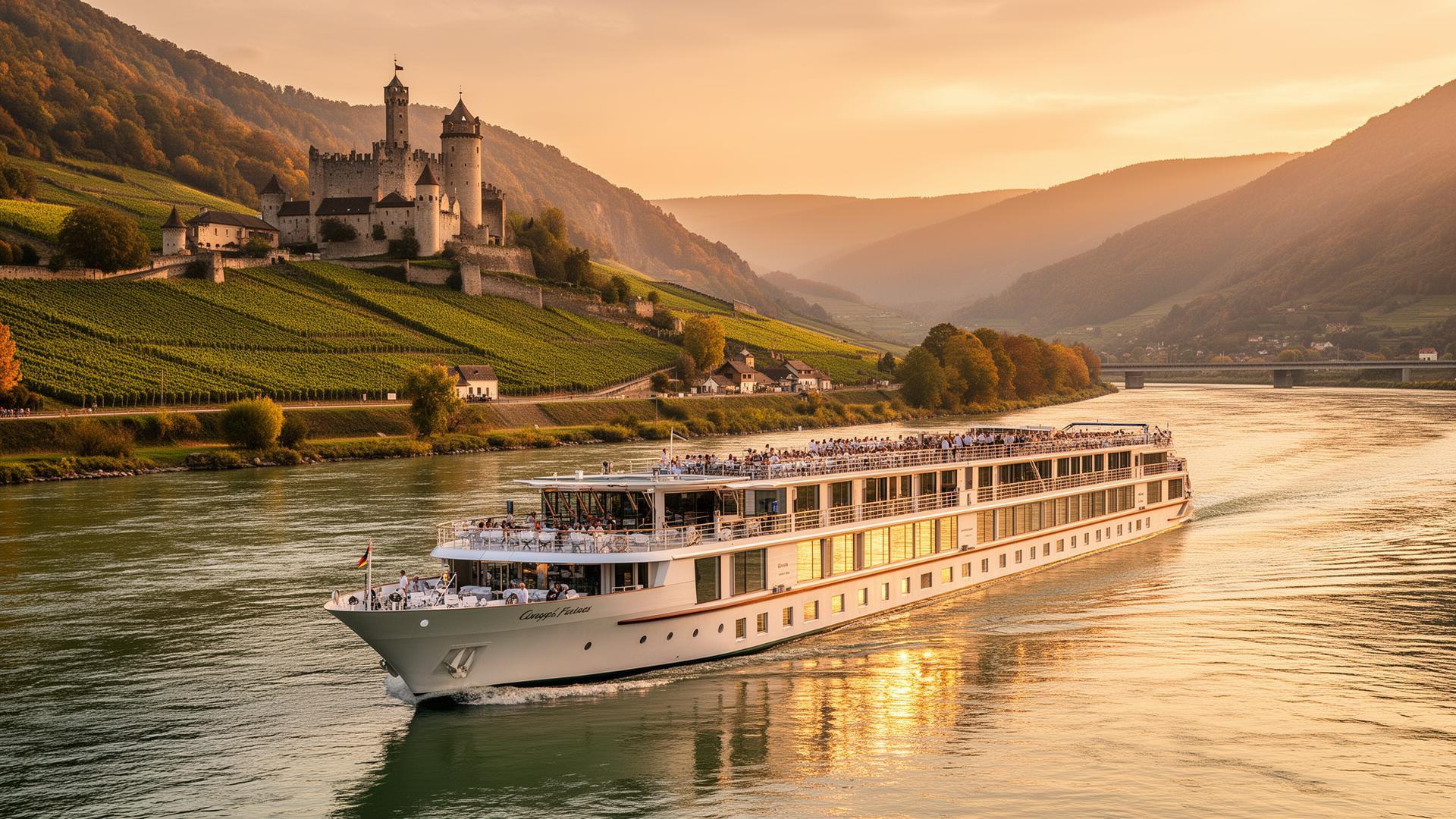 European river cruise ship sailing past castles and vineyards on the Danube River