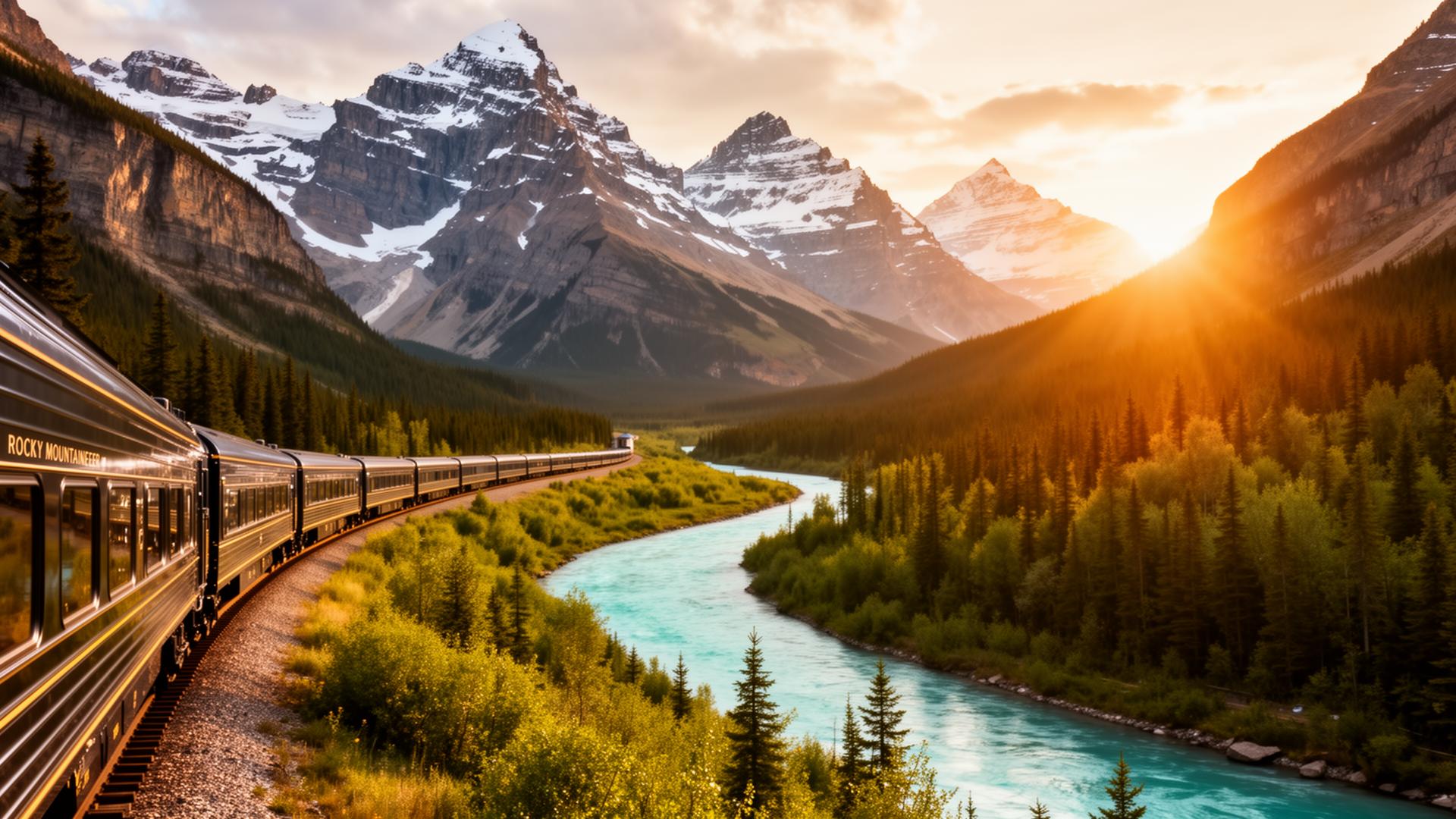 Rocky Mountaineer train winding through the dramatic Canadian Rocky Mountains