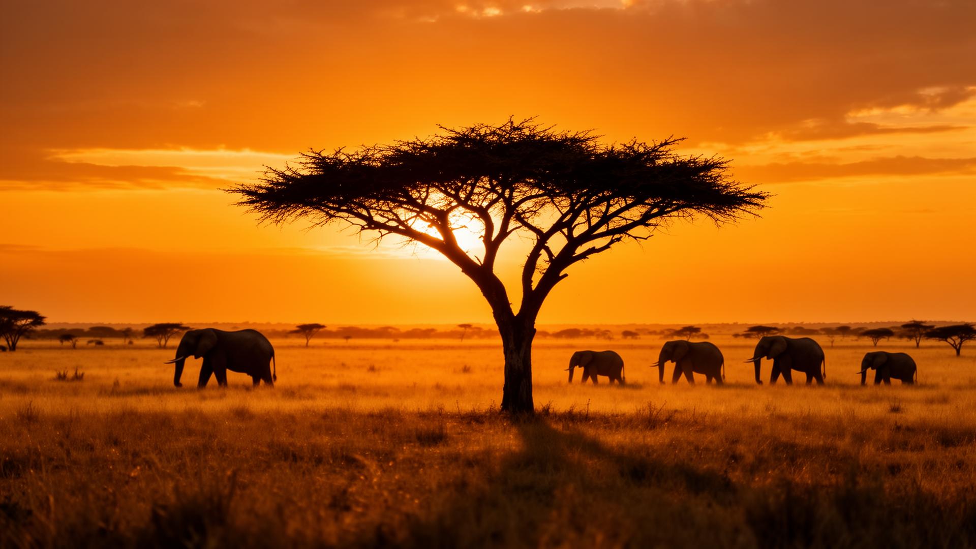 Elephants crossing the African savanna at sunset on a wildlife safari