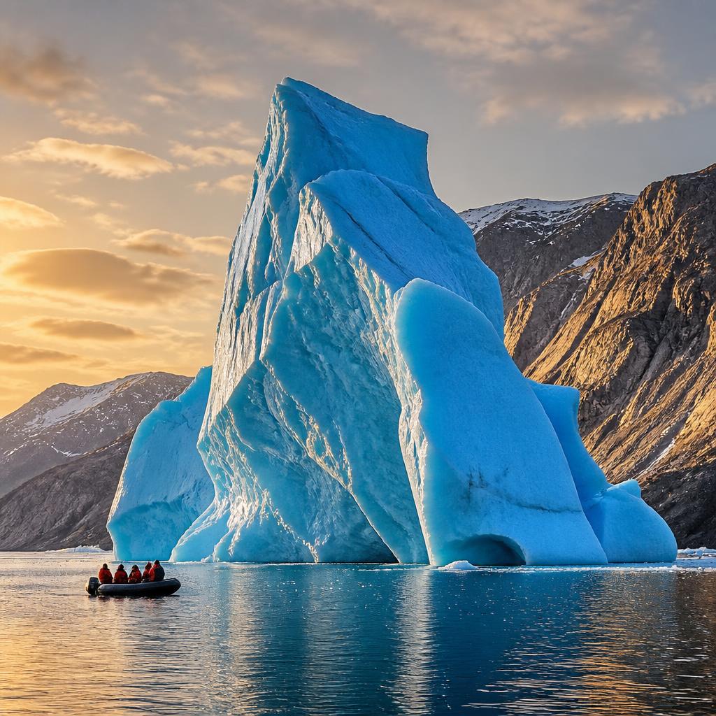 Massive blue iceberg in a Greenland fjord with a small expedition Zodiac for scale