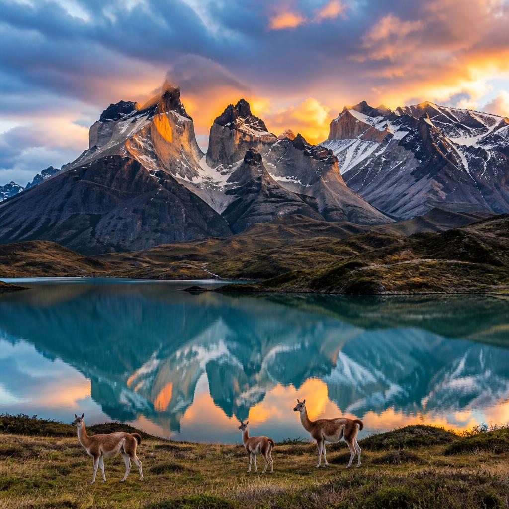 Torres del Paine granite peaks at sunset reflected in a turquoise lake with guanacos