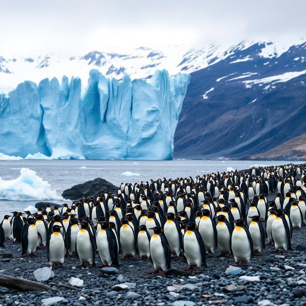 Antarctica penguin colony with massive blue glacier and snowy peaks