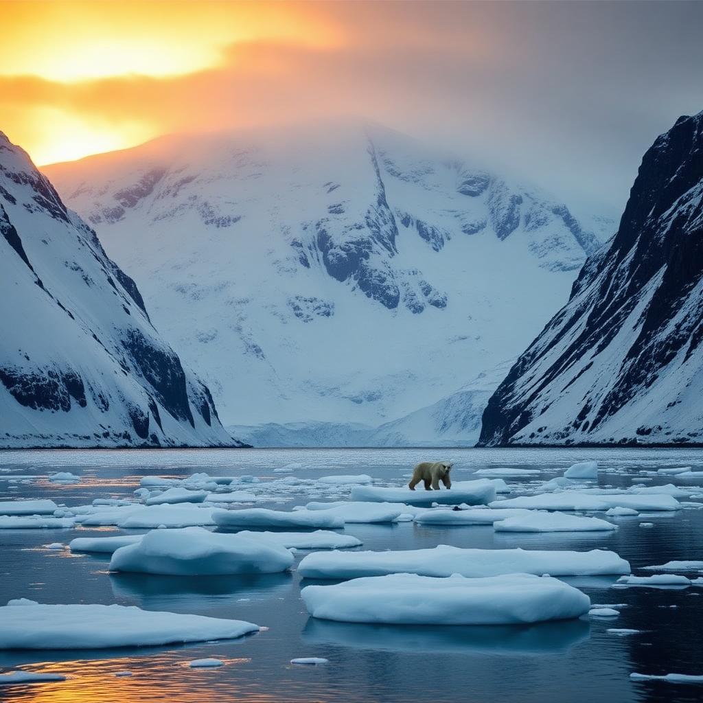 Polar bear on pack ice in an Arctic Svalbard fjord at golden hour