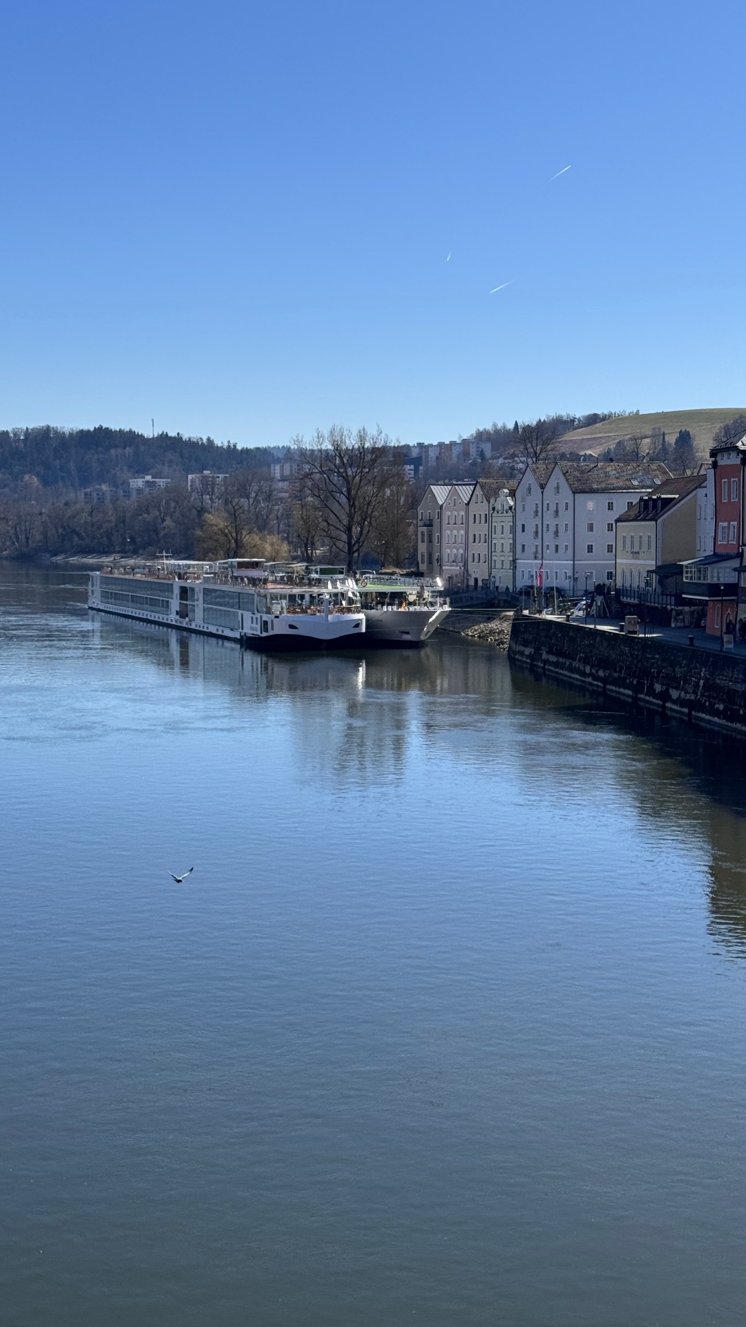 River cruise ship docked in Passau Germany along the Danube River with colorful historic buildings - Suite Impressions Travel